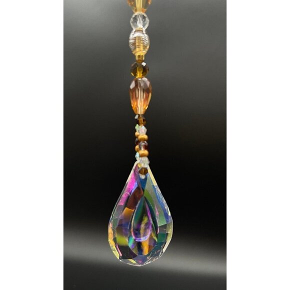 Beaded Suncatcher Champagne Gold Brown Clear Crystal Prism Hanging Patio Decor - Picture 4 of 10